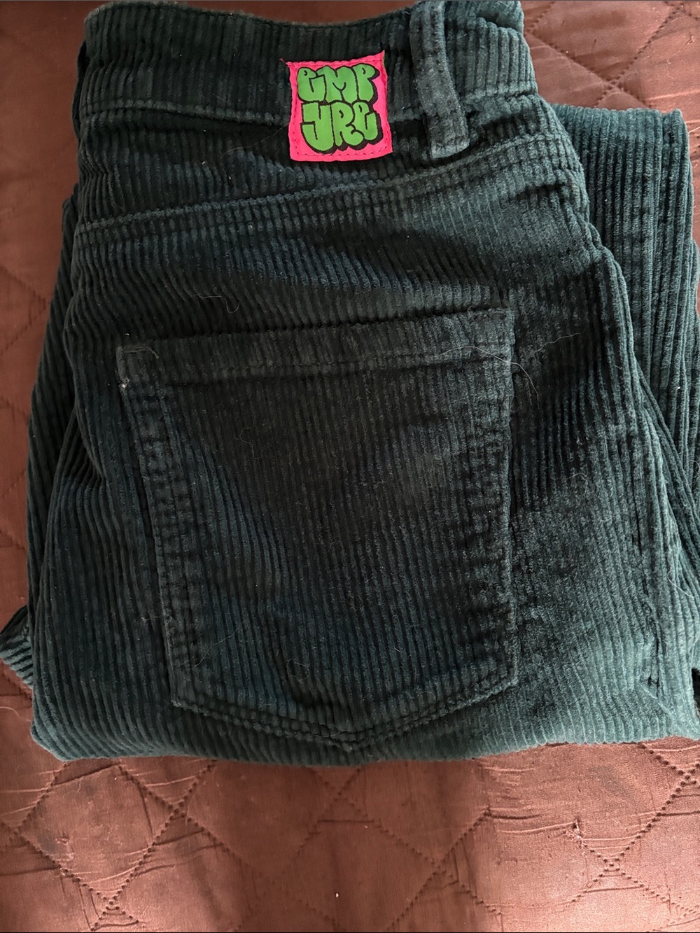 Empyre Dark Green Corduroy Jeans with Pink & Lime Logo Patch